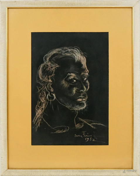 Ritratto, pastello su cartoncino nero, cm 46x31, firmato, entro cornice