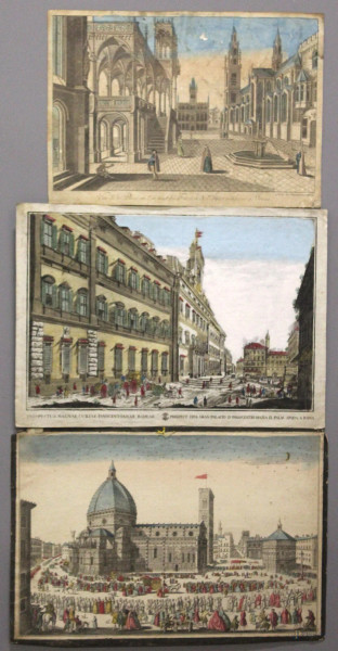 Lotto di tre stampe a colori a soggetti di città, 30x44 cm,  fine XIX sec.