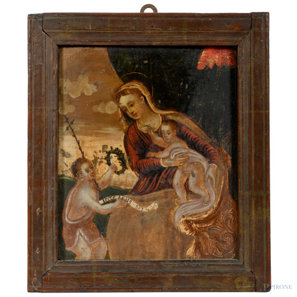 Madonna con Bambino e San Giovannino, XIX-XX secolo, olio su tavola, misure complessive cm 31x27,5,(fori di tarlo, cadute di colore, scalfiture, abrasioni, graffi)