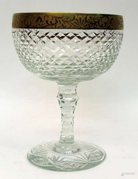 Coppa in cristallo con fascia dorata, diametro 20 cm,  H 25 cm.