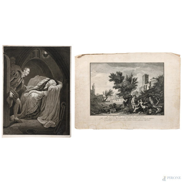 Lotto composto da due incisioni raffiguranti la morte di Mortimer e Veduta dei Contorni di Bajona, XIX secolo, misure massime cm 60x44,  (segni di usura, tracce di umidità, gore, foxing, lacerazioni della carta, tracce di piegatura)