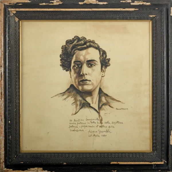 Ritratto di avero Gravelli, tecnica mista su tessuto, cm 67x67, firmato dall'artista e dedicato dal ritrattato ad Aristide Campanile in data "28 ottobre 1930", entro cornice, (difetti)