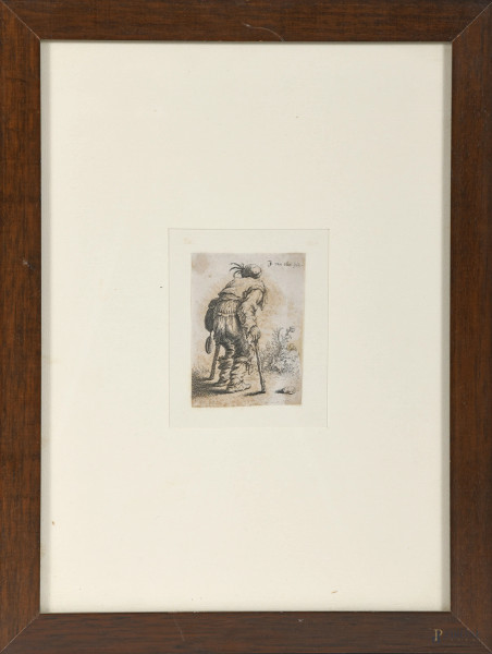 Il viandante, XIX -XX secolo, stampa, cm 9x6,5, entro cornice, (tracce di umidità, restauri, foxing, difetti)