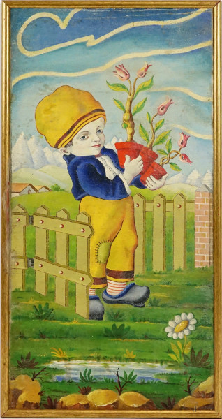 Pittore Naif del XX secolo, Contadino con vaso di tulipani, olio su tela riportata su compensato, cm 88x45, entro cornice, (lievi difetti).