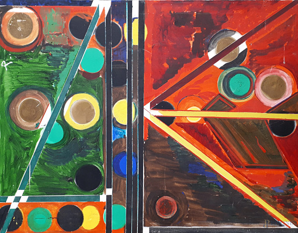 Seguace di Sonia Delaunay, seconda metà del XX sec., Composizione geometrica, olio su tela, cm 70x90, firmato