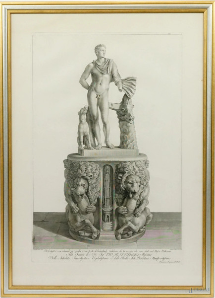 Meleagro con clamide in spalla e con testa del Cinghiale Calidonio, incisione, cm 84x58,5 circa, incisore Francesco Piranesi (Roma, 1758 - Parigi, 1810), disegnatore Bernardino Nocchi (1741-1812), in cornice, (macchie).