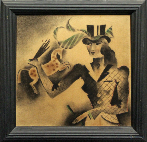 Figura femminile con cilindro e cavallo, tecnica mista su carta, cm 41 x 41, entro cornice.