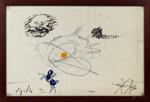 Antonio Vangelli - Senza titolo, tecnica mista su carta, cm 30,5x46,5, entro cornice