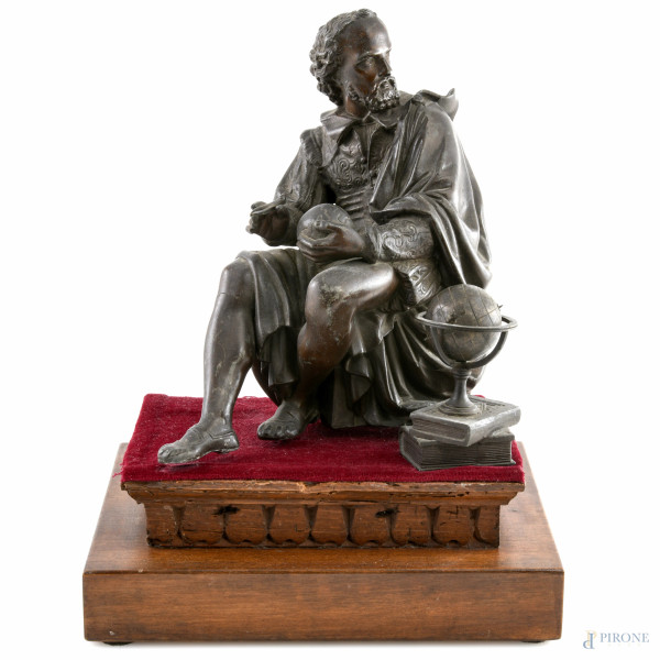 Galileo, XX secolo, scultura in antimonio su base in legno con elementi removibili, cm 30x24x18,5, (segni di usura, rotture, restauri, difetti)