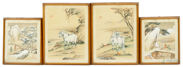 Lotto composto da 4 dipinti cinesi ad olio su seta raffiguranti cavalli e paesaggi con figure, misure max cm 35x25, firmati, entro cornice