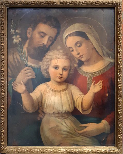 Antica cromolitografia raffigurante S. Antonio con Maria e Gesù bambino, cm 53x40, con cornice coeva