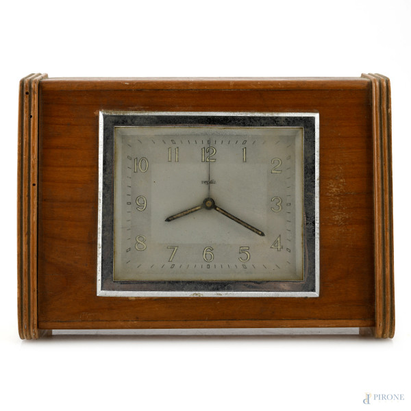Orologio Veglia da tavolo in legno, XX secolo, cm 15x21x6,5, (segni di usura, scalfiture, difetti, fori di tarlo, da revisionare)