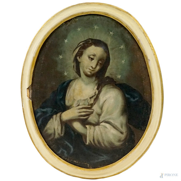 Pittore del XVIII secolo, Vergine Immacolata, olio su tela ad assetto ovale, cm 72,5x48,5, entro cornice, (difetti)