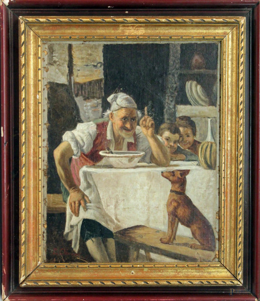 Interno con anziano, fanciulli e cane, olio su cartone, cm 33x26, firmato, entro cornice.
