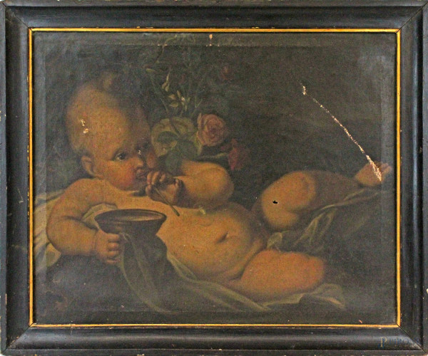 Da Ignazio Stern (1679-1748), Vanitas con putto e bolle di sapone, olio su tela, cm 48x59, XIX secolo, entro cornice, (difetti alla tela).