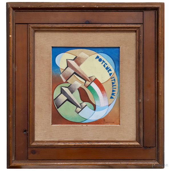 Manlio Tancredi (XX sec.), Potenza italiana, aeropittura ad olio su tavola, cm 23x20, firmato in ...