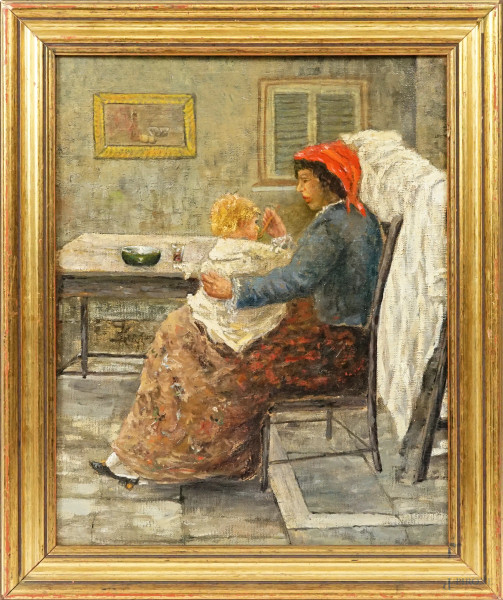 La pappa, olio su cartone telato, cm 38x31,  firmato, entro cornice, (restauri)