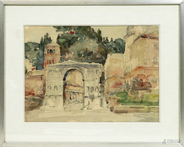 Giulio Brunacci - Arco di Settimio Severo e Velabro, acquerello su carta, cm 24x34, entro cornice