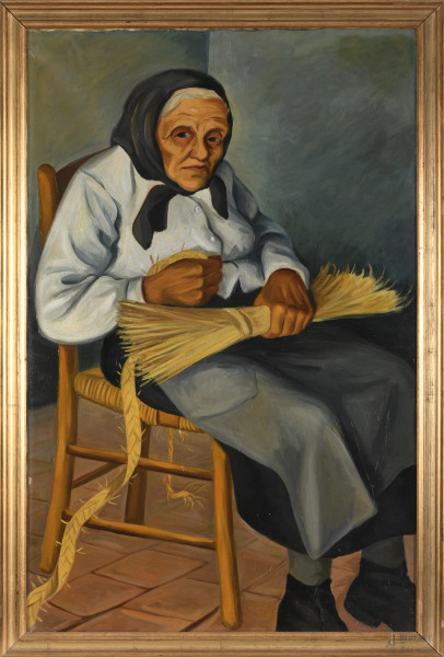 Mario Nanni, Vecchia contadina, olio su tela, cm 100x65 entro cornice, firmato al retro, (cadute di colore)