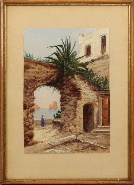 Scorcio di Capri, tempera su carta, cm. 24x17, firmato G. Giusti, entro cornice.