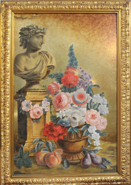 Natura morta,Vaso con fiori con busto,olio su vetro resina 100x60 cm,in cornice.