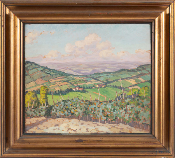 Paesaggio collinare, XX secolo, olio su compensato, cm 42x48, dedicato e datato al retro, entro cornice