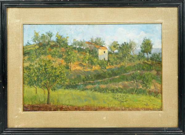 Masseria al tramonto, olio su cartone, firmato in basso a sinistra, cm 26x42, entro cornice.