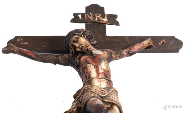 Crocefisso in papier mache, con due ex voto alla base, cm 138x66, XIX-XX secolo, (segni di usura,...