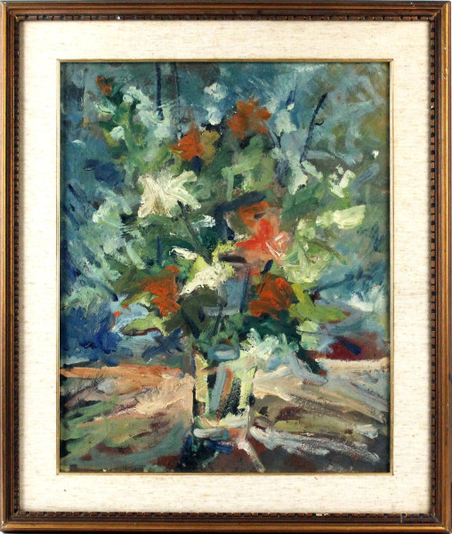Vaso di fiori, olio su tela, cm 50x40, XX secolo, entro cornice