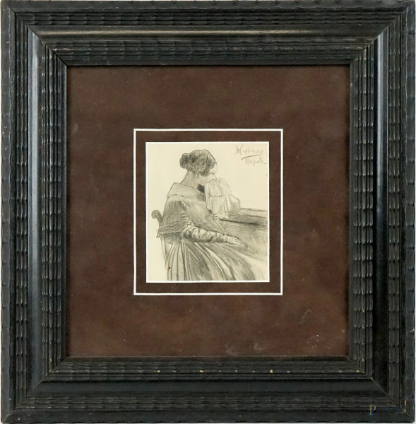 Figura femminile, matita su carta, cm 12x10,5 circa, firmato Migliaro, entro cornice