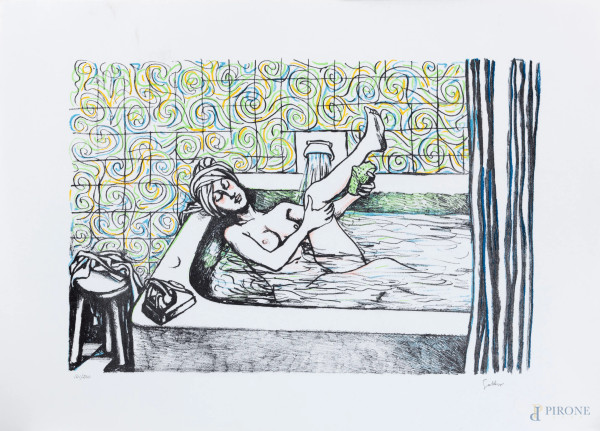 Renato Guttuso, Il bagno, litografia es. 141/240, cm 49,5x69,5, firmato in basso a destra