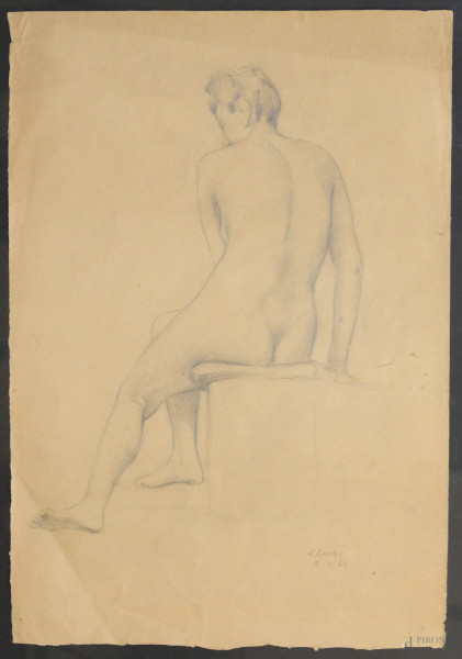 Nudo di schiena, disegno a matita su carta, cm 35x50, entro cornice firmato Bruno Croari.