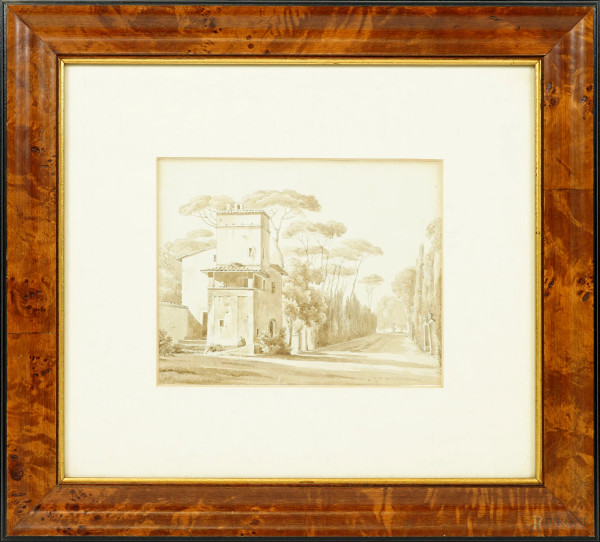 Villa Borghese, acquerello su carta, misure con passepartout cm 29x32,5, entro cornice