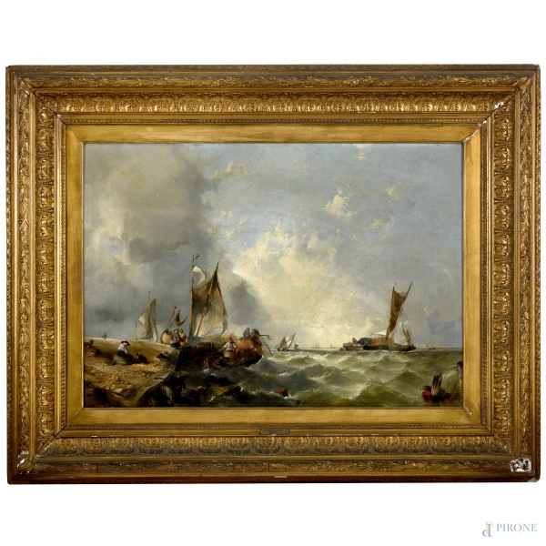 Alfred Montague (1832 - 1883), Marina con barche, olio su tela, cm 89,5x114 entro cornice, firmato in basso