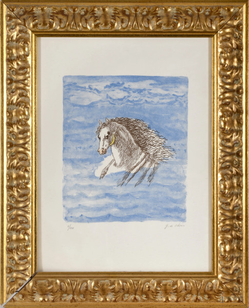 Giorgio De Chirico, Testa di cavallo tra le nubi (1971), litografia a colori, V/XXX, cm 52x39,5, entro cornice