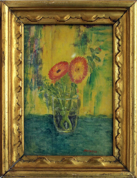 Vaso con fiori, olio su cartone telato, cm 30x20, firmato, entro cornice.