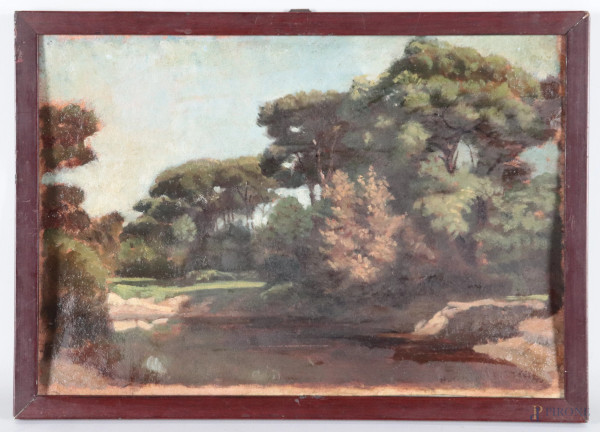 Paesaggio boschivo con ruscello, XIX secolo, olio su carta, cm 25x36, entro cornice, (segni di usura, abrasioni, increspature, ondulazioni e piccole lacerazioni della carta, difetti)