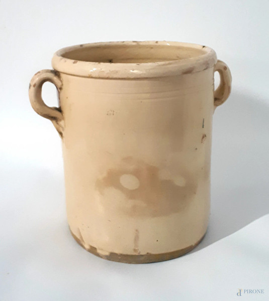 Vecchio vaso pignatta in terracotta smaltata dei primi del Novecento, altezza cm 27