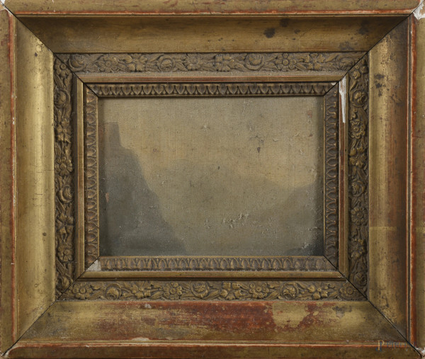 Cornice in legno intagliato e dorato contenente paesaggio ad olio su carta applicato su tela, XIX-XX secolo, cm 20x24; luce cm 9x12,5, (segni di usura, scalfiture, cadute di doratura)
