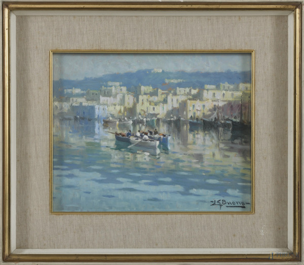 Leon Giuseppe Buono (1888-1976), Il porto di Pozzuoli, olio su cartone, cm 24x30, firmato in basso a destra, entro cornice