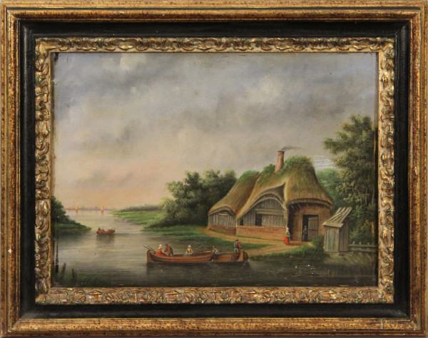 Paesaggio fluviale con barche, casa e figure, olio su tavola, 34x24 cm, entro cornice