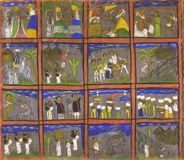 Antica tela dipinta raffigurante scene bibliche suddivise in 16 tavole con testi in lingua ebraica, cm 90x105, fine XIX sec
