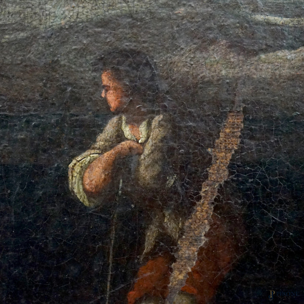 Scuola romana del XVII-XVIII secolo, Paesaggio con pastore con armento, olio su tela, cm 31x47, e...