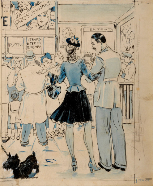 Luigi Bompard (1879 - 1953), Al cinema, tecnica mista su carta, cm 33,5x27,5 (lievi segni di usura del tempo)