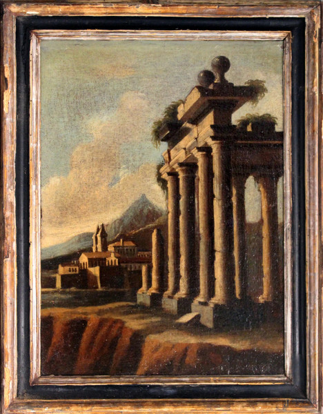 Architetture, scuola napoletana del XVII -XVIII sec., olio su tela, cm. 47x35, entro cornice.