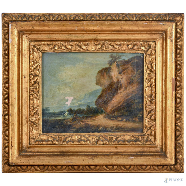 Scorcio di paesaggio con figura, XIX secolo, olio su tela cm 16x20, entro cornice, (ondulazioni della tela, cadute di colore)