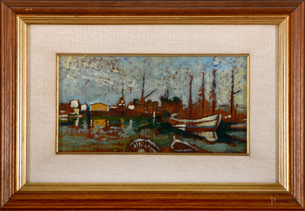 Scorcio di porto, olio su tavola, XX secolo, cm 16,5x30,5, firmato in basso a destra "L Ugolini"