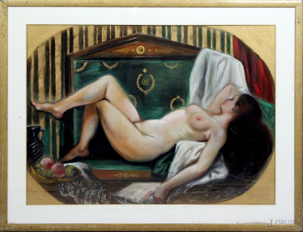 Nudo di donna, tempera su cartone, cm 60x80, entro cornice.