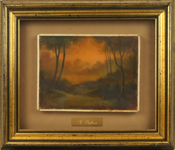 Giovanni Stefani - Paesaggio boschivo, olio su tela, cm 17,5x24, entro cornice