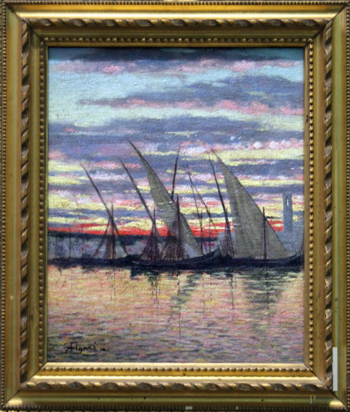Scorcio di mare e barche al tramonto, olio su tavola, 28x23 cm, entro cornice firmato